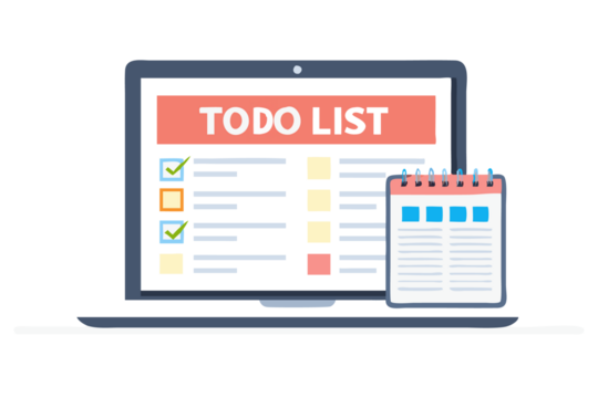 Flat vector illustration of a modern laptop displaying a digital to-do list with colorful checkboxes. A spiral calendar sits beside the laptop, symbolizing productivity, task management