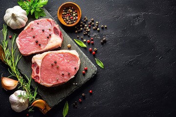 Fresh culinary preparation with raw meat cuts, herbs, and spices on a dark slate surface