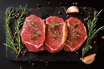 Freshly prepared beef steaks with herbs and spices on a black stone platter ready for cooking