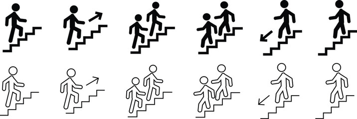 Naklejka premium Man with Staircase or Stairs Pictogram vector. Cliparts depict various actions of a person with stairs. Man walks up and down the stairs, stick figure pictograms people, human silhouette icon set.