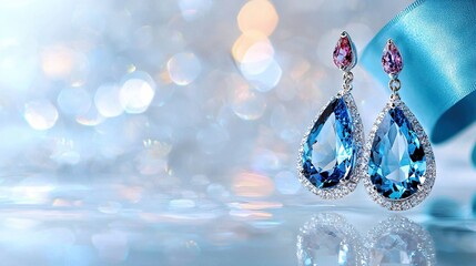   A close-up of a pair of earrings adorned with blue ribbons, with one ribbon prominently displayed in the foreground and another in the background