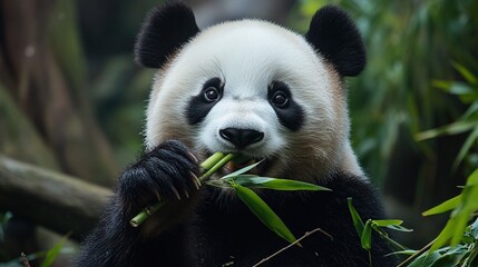Obraz premium Close-up of a giant panda munching on bamboo, symbolizing conservation efforts for endangered species.