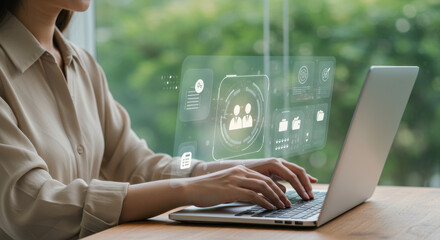 Working Smarter: Woman on Laptop with Virtual Interface for Business, Productivity & Team Collaboration