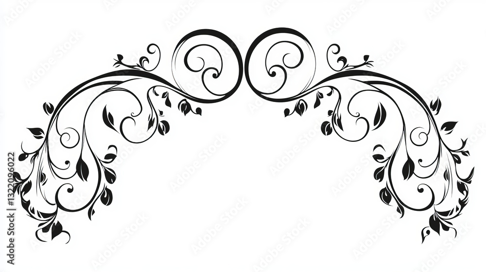 Poster minimalist graphic design elements featuring two symmetrical flourishes forming an arch with curls, 