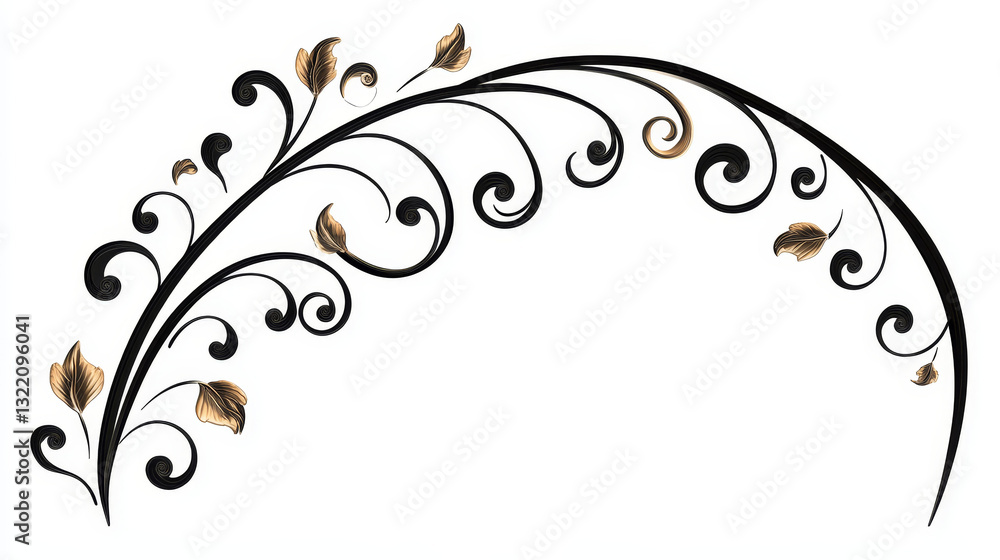 Poster minimalist graphic design elements featuring two symmetrical flourishes forming an arch with curls, 