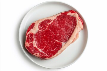 Fresh ribeye steak on a white plate ready for cooking or grilling at home in the kitchen