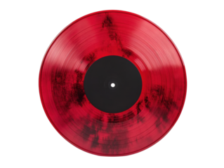 Red vinyl record spinning on a turntable during a session on transportation background