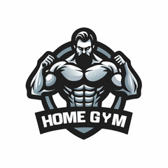 An athlete mascot image. Home gym club emblem. Bodybuilder logo. Flat style. Vector illustration.