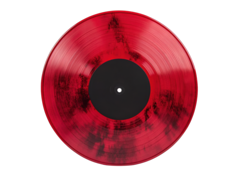 Red vinyl record spinning on a turntable during a session on transportation background