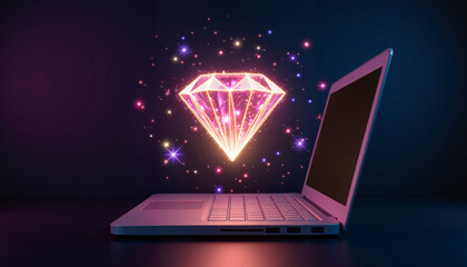 Digital diamond emerging from laptop, symbol of innovation