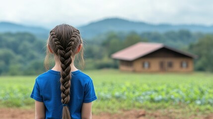 Naklejka premium A young girl with braided hair standing near a rustic house, vibrant natural lighting, hopeful and resilient theme
