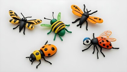 Fototapeta premium Five clay insects on a white background. From left to right, there is a bee, a dragonfly, a butterfly, a ladybug, and another dragonfly. The bee is yellow and black, with a yellow body and black strip