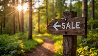 Wooden guidepost marked 'Sale' pointing through sunlit forest, nature's invitation