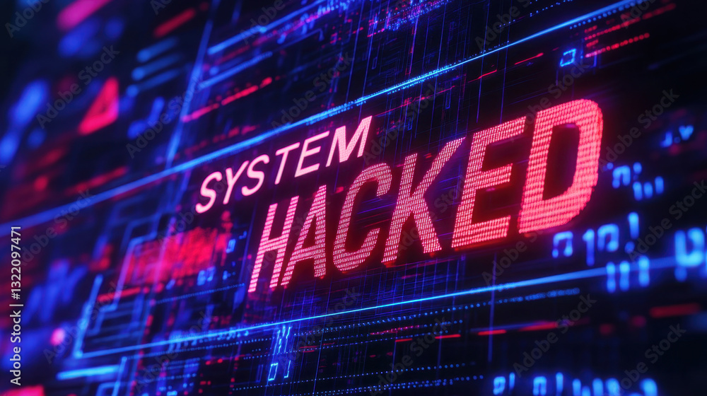 Fototapete a digital interface shows bright, glowing text declaring that a system has been hacked. the backgrou