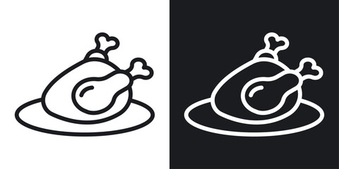 Baked turkey icon set in black and white stroke lines