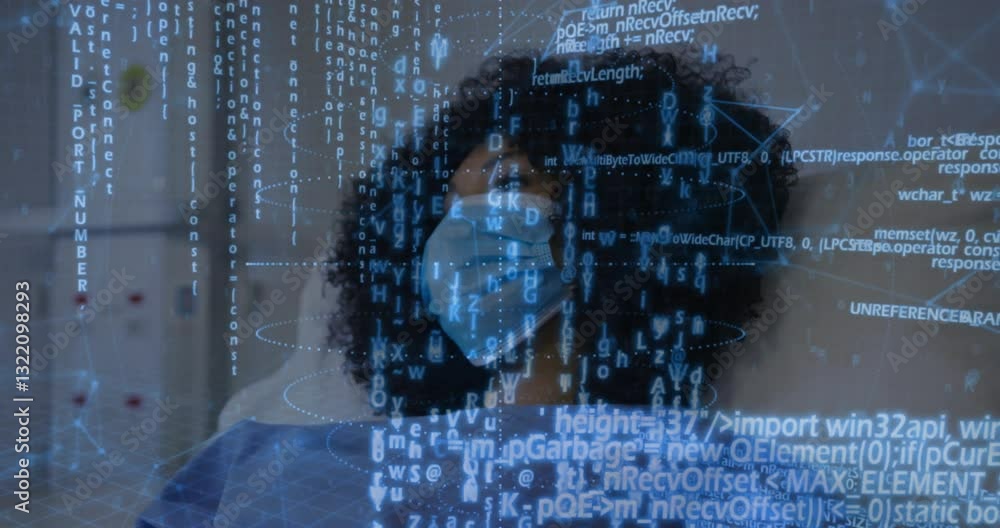 Poster wearing mask, medical professional with animation of digital data coding overlay
