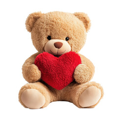 Obraz premium Cute teddy bear holding a red heart-shaped pillow indoors on transportation background