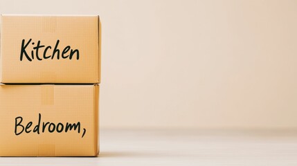 Obraz premium A stack of cardboard boxes with handwritten labels such as 