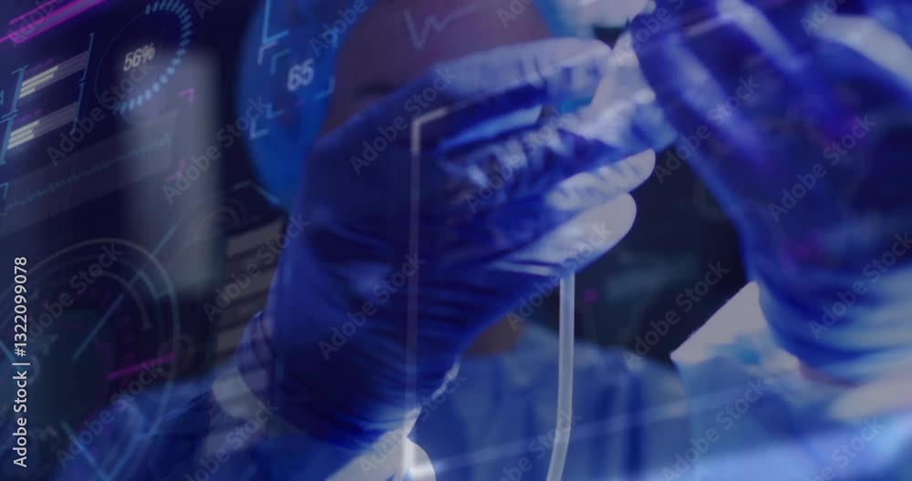 Poster using animation, medical professional in gloves interacting with digital interface in lab