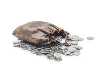 Leather Pouch Overflowing with Shiny Silver Coins on White Background