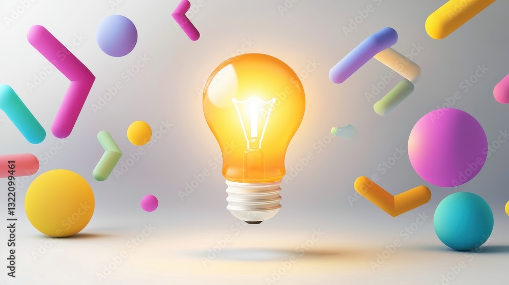 Poster a bright idea represented by a glowing lightbulb surrounded by vibrant colors and dynamic shapes, si