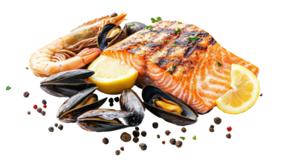 Grilled seafood platter with salmon, shrimp, and mussels on transportation background