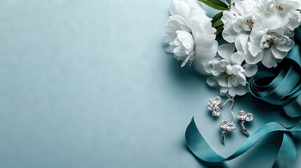   White flowers atop a blue table with earrings and a ribbon nearby