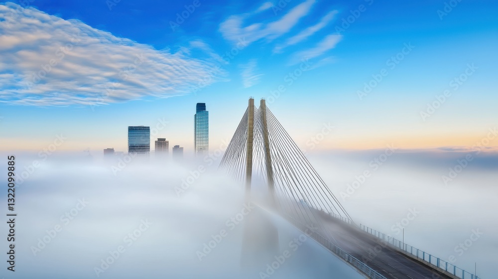 Poster a city bridge disappearing into a dense fog, with only the outline of its structure visible through 