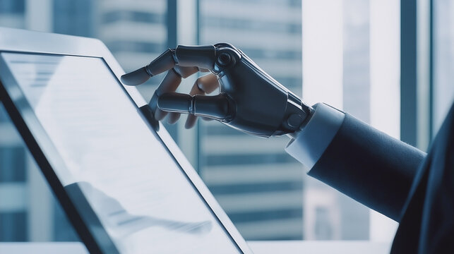 Close-up of robot hand interacting with tablet against modern office background. Robotic hand and digital interface in office with copy space. Integration of AI technologies for efficient work.