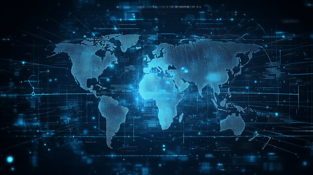 Digital world map background with data flow, copy space. Background with blue tones for global analytics and monitoring, copy space. Ideal background for technology and data-driven projects. - Powered by Adobe