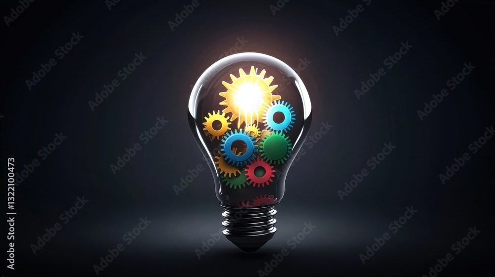 Poster a conceptual image of a glowing lightbulb with colorful gears inside, representing a bright idea in 