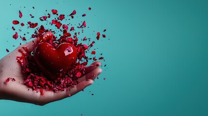   A person holds a red heart amidst a sea of red confetti against a blue backdrop