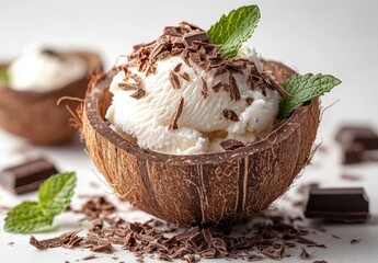 Creamy ice cream served in a coconut shell topped with chocolate shavings and fresh mint leaves perfect for summer desserts and tropical themes