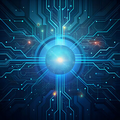 Abstract Blue Circuit Board with Glowing Core.