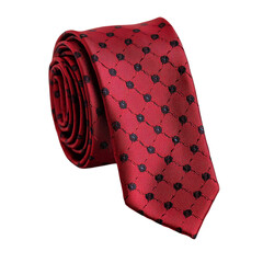 A rolled red tie with a subtle pattern ready to be worn,