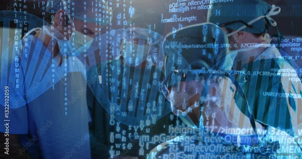 Poster surgeons operating with dna strand and binary coding overlay animation