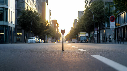 Empty City Street At Golden Hour With Low Angle View Of Asphalt And Modern Buildings In Background With Warm Sunlight