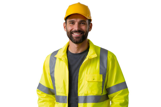 Smiling  construction worker wearing a yellow reflective jacket and hard hat, isolated on transparent background