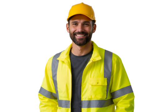 Smiling  construction worker wearing a yellow reflective jacket and hard hat, isolated on transparent background