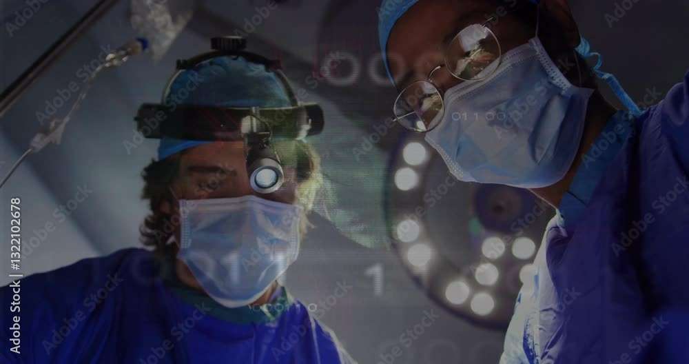 Poster in operating room, surgeons performing surgery with data processing animation overlay