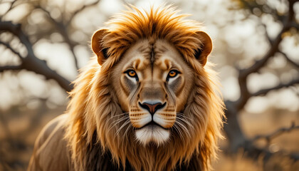Fototapeta premium Majestic African Lion King Surveying His Golden Savanna Kingdom Bathed In Warm Sunlight