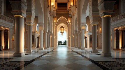 Fototapeta premium Grand palace hall interior, empty, sunlight, courtyard view