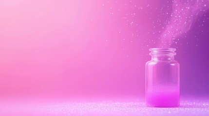 Close-up of a shimmering pink potion in a glass vial, glowing softly, magical and mysterious