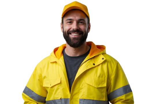 Smiling construction worker wearing a yellow reflective jacket and hard hat, isolated on transparent background