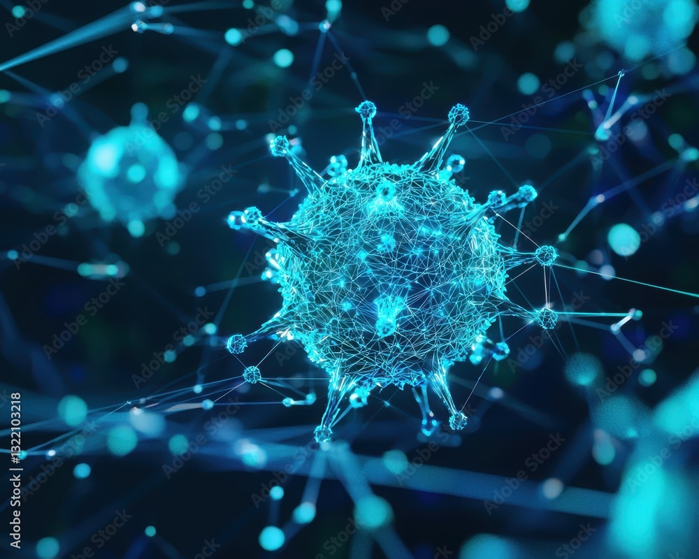 Poster digital illustration of a virus in a complex network environment