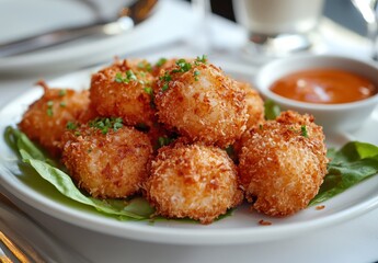 Crispy Golden Brown Appetizers Served on a Plate with Fresh Greens and Sweet Sauce for Dipping in a Restaurant Setting