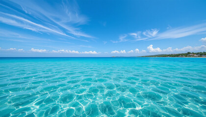 Fototapeta premium Serene Turquoise Waters Reflecting A Vibrant Summer Sky Under A Brilliant Sun, Inviting Calm And Tranquility