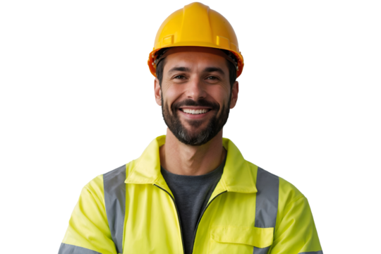Smiling construction worker wearing a yellow reflective jacket and hard hat, isolated on transparent background