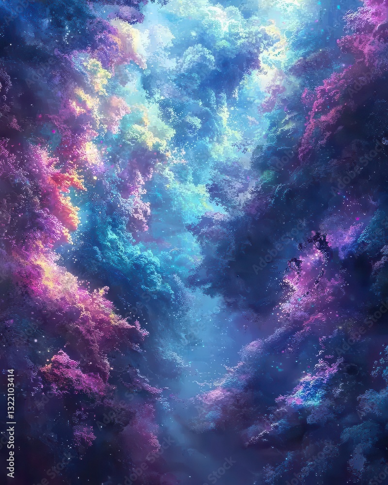 Poster ethereal colorful cloudscape with tranquil deep blue background