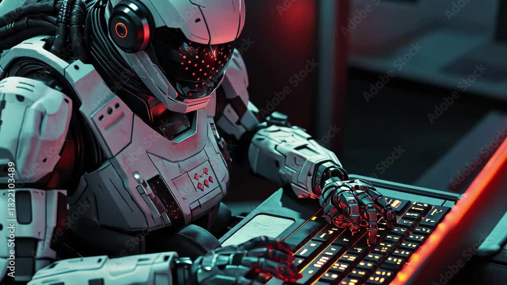 Poster robot operates laptop keyboard in futuristic setting, showcasing advanced technology, robot typing o